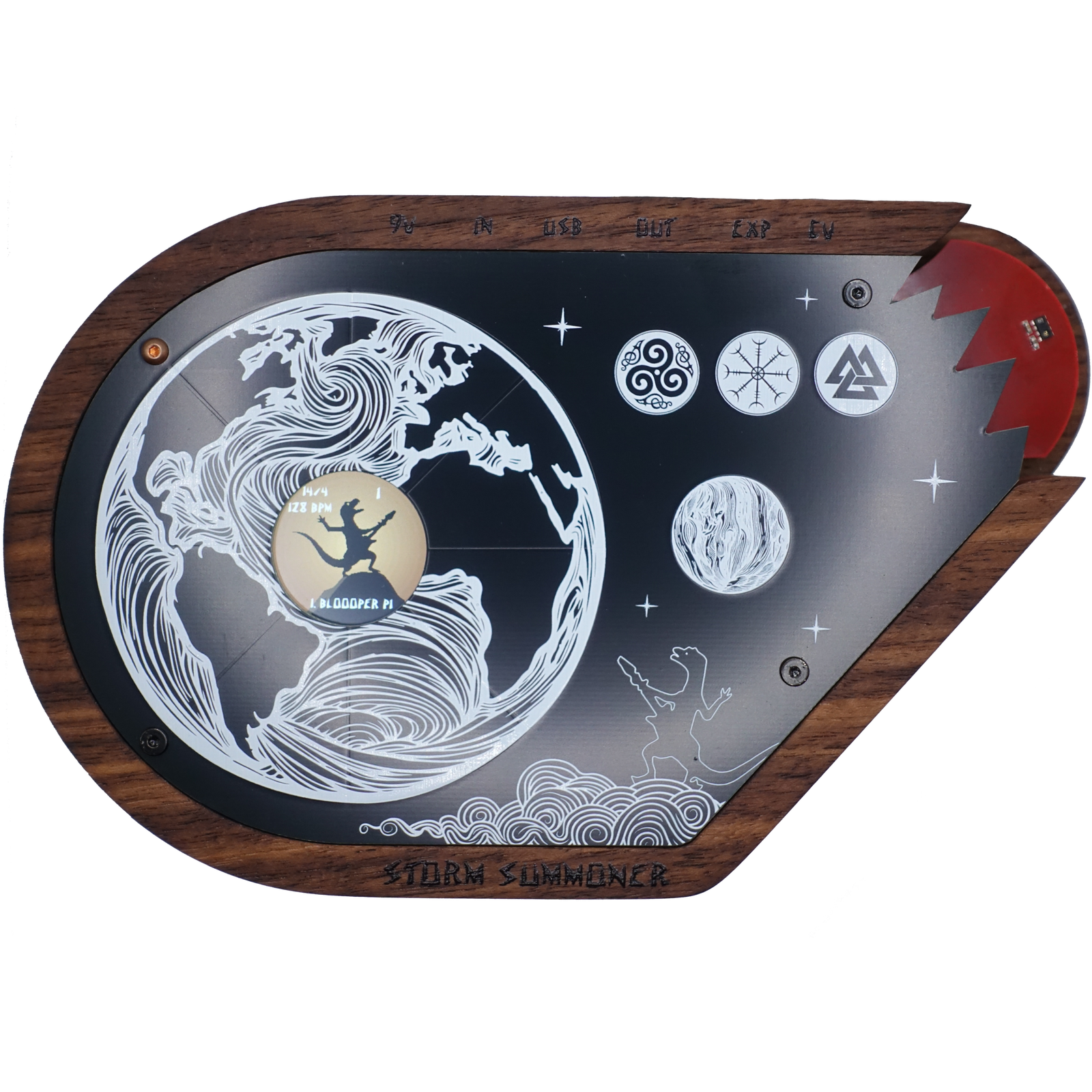 Storm Summoner seen from above, walnut enclosure with engraved storm artwork