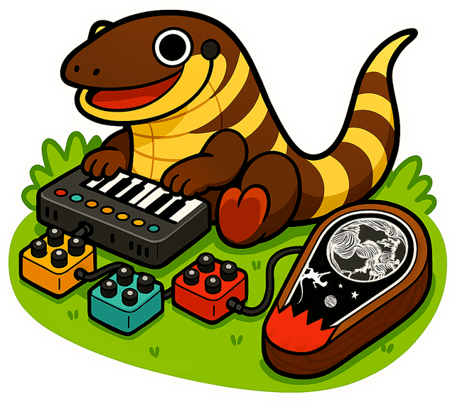 A cartoon kabaragoya (water monitor) playing a synthesizer connected to effects pedals