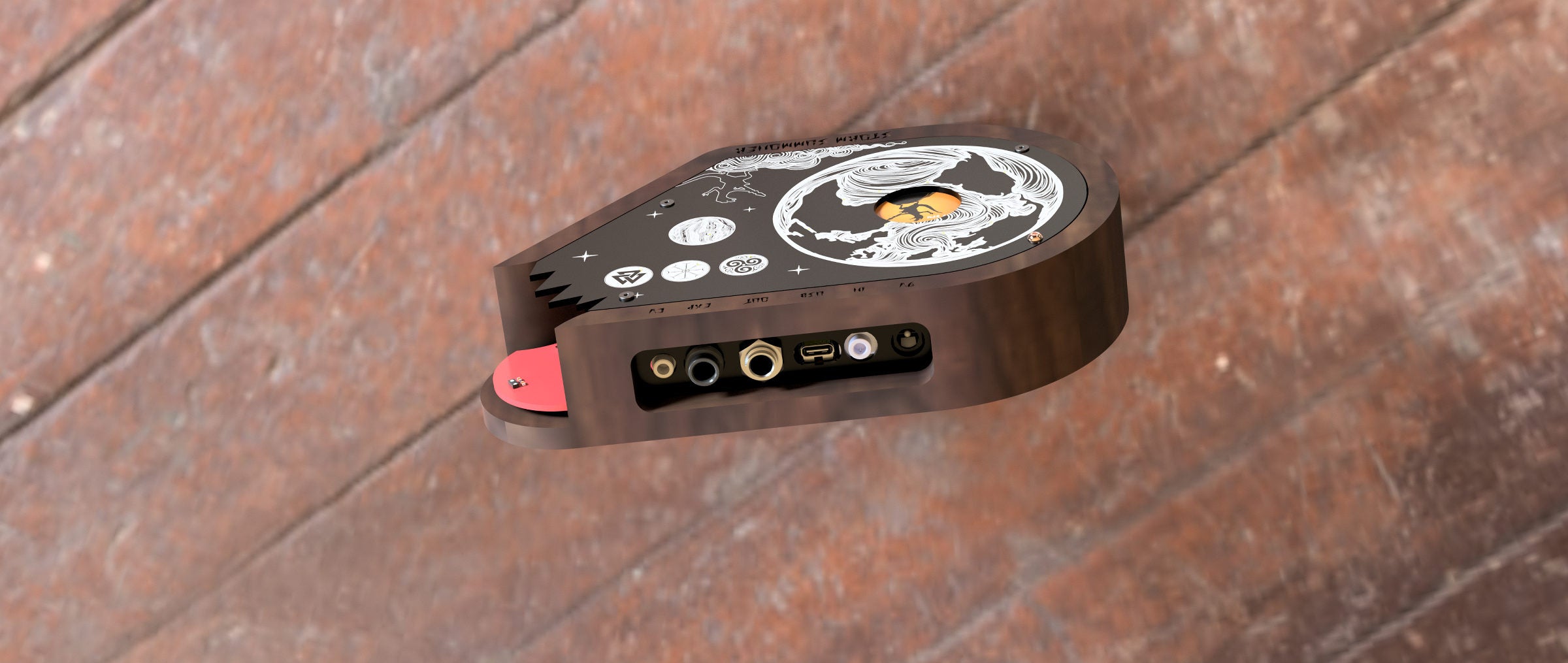Storm Summoner's rear panel: CV, expression, MIDI out, USB-C, MIDI in and 9V power jacks set into black walnut