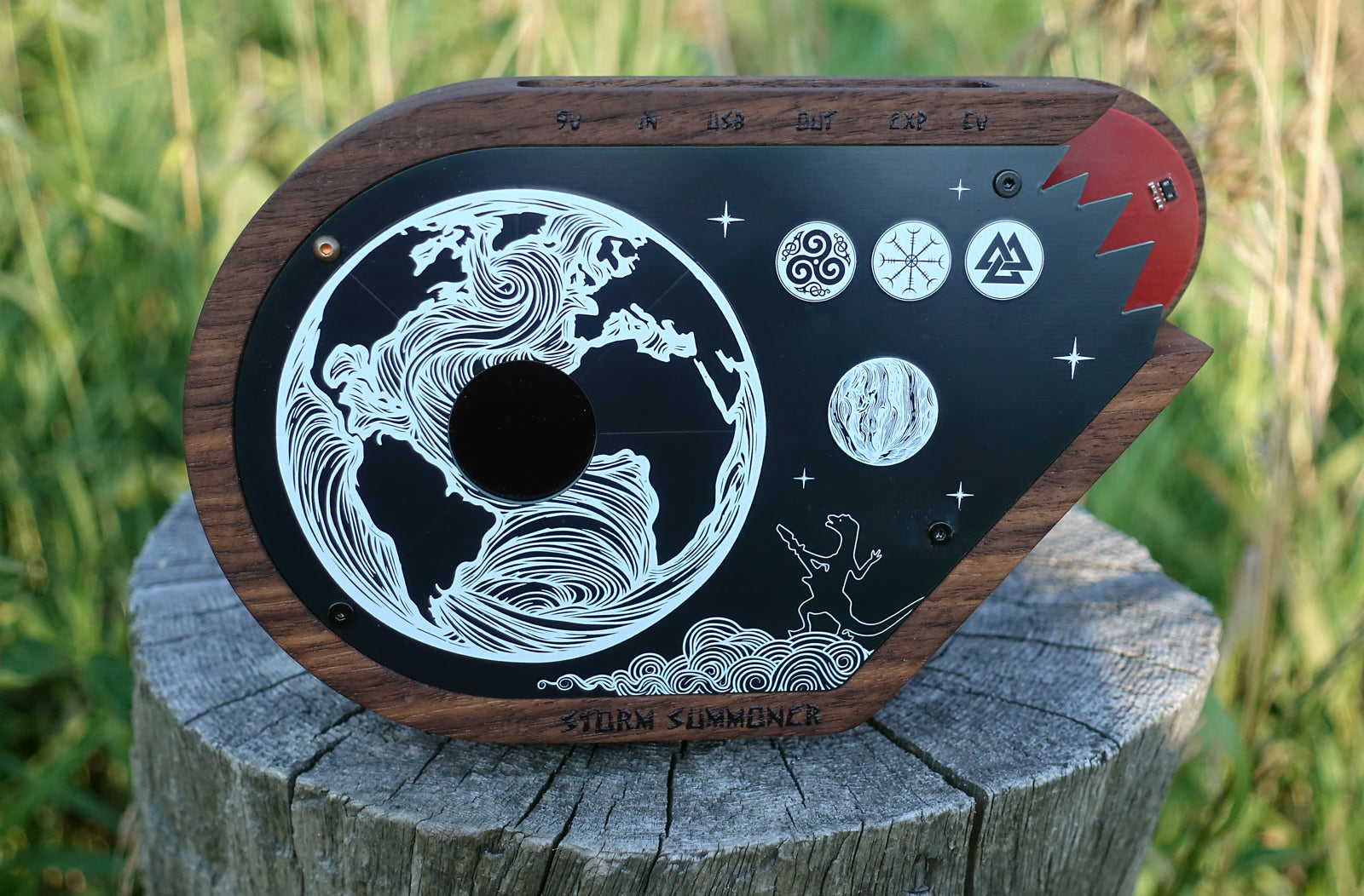 Storm Summoner catching golden-hour light on a stump, panel labels legible along the top edge