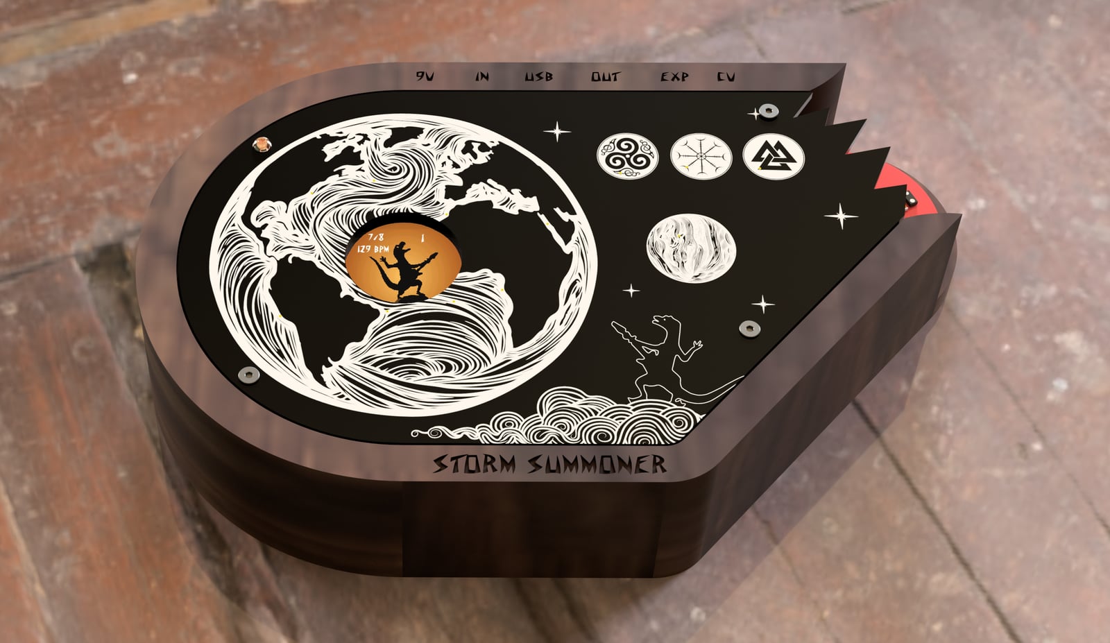 Storm Summoner in black walnut, engraved storm artwork on the face