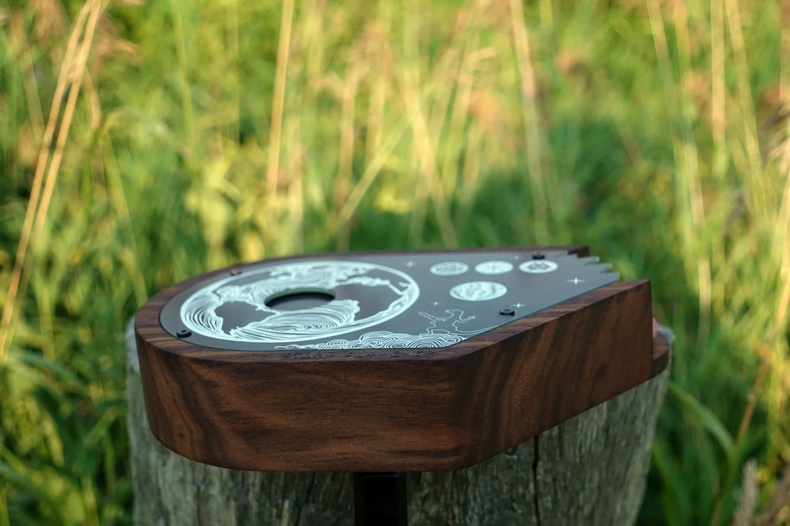 Storm Summoner in profile on a stump, showing the depth and grain of the black walnut enclosure